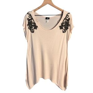 HM Peach Viscose Top Medium Soutache Embroidered Shoulder Handkerchief Hem Pink